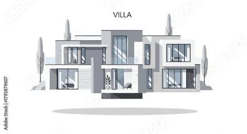 Stylized Architectural Rendering of a Modern Minimalist Villa with Clean Lines and Geometric Shapes