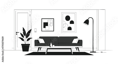 Stylized interior depiction featuring monochrome furniture, potted plant and graphic artwork adding modern aesthetic impression of domestic space