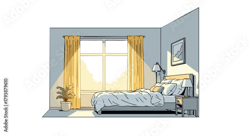 Minimalist Bedroom Illustration with Morning Sunlight Streaming Through the Window Interior Decor and Cozy Atmosphere Drawing