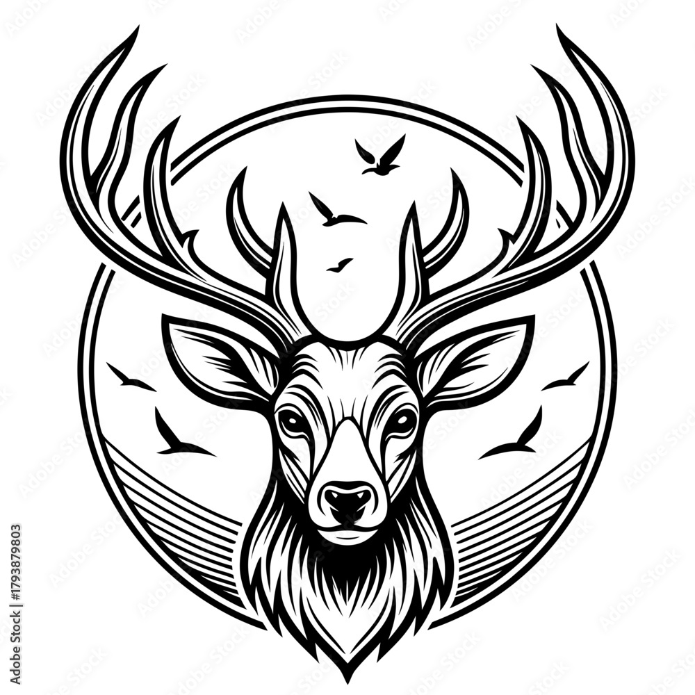 Obraz premium Majestic Deer Emblem: A stylized emblem of a deer, featuring impressive antlers and a captivating gaze, surrounded by a circular frame and birds, exuding a sense of wild elegance.
