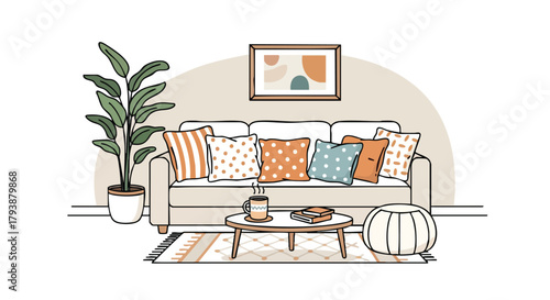 Charming Hand-Drawn Illustration of a Cozy Living Room with Stylish Décor and a Comfortable Sofa with Pillows