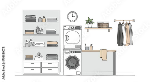Stylized Laundry Room Illustration with Modern Appliances and Neat Storage Solutions for Home Interior Design