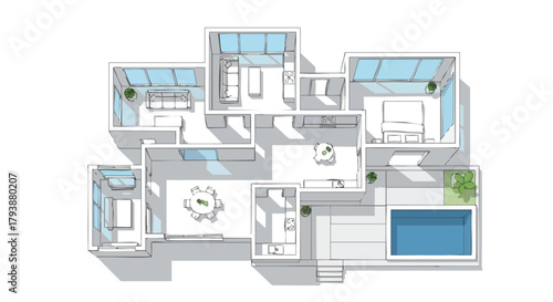 Detailed architectural blueprint of a modern home, featuring an open floor plan and a pool with a garden, bathed in light, showcasing a