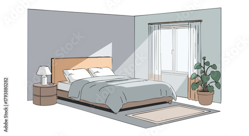 Tranquil bedroom scene illustrating soft lighting, comfortable furniture, and a calming plant that invites relaxation and restfulness