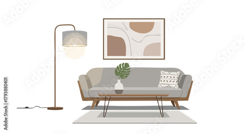 Illustration of a minimalist living room interior showcasing a gray sofa with a coffee table and floor lamp, exuding a serene and contemporary