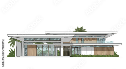 Architectural Rendering: Modern Two-Story Home Design with Flat Roof and Lush Greenery showcases advanced design and innovative use of architectural
