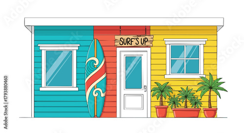 Vibrant beach shack illustration evoking summer vibes and coastal living, featuring a surfboard, palm trees, and bright colors capturing the spirit