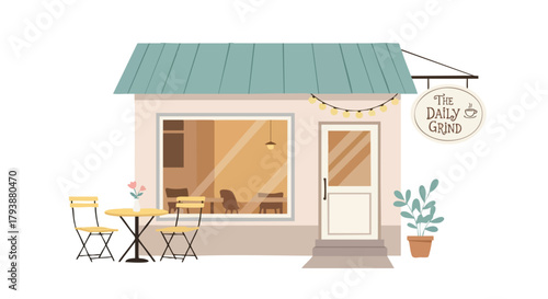 Charming illustration of a cozy coffee shop with outdoor seating and inviting atmosphere