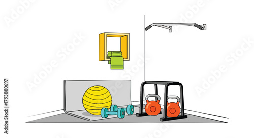 Vibrant home gym setup showcasing exercise equipment, towel, and pull-up bar for fitness routine, health, and personal training studio concept