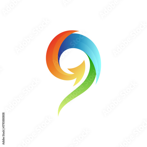Number nine logo with arrow shape in gradient multiple color. 9 icon vector
