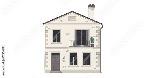 Stylized architectural drawing of a two-story townhome, featuring a muted color palette and a small balcony with potted plant adding a touch of
