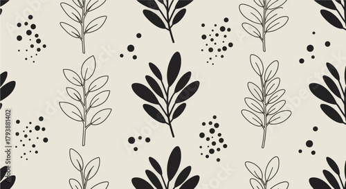 Seamless pattern of stylized dark leaves and scattered dots on a neutral background, vector illustration