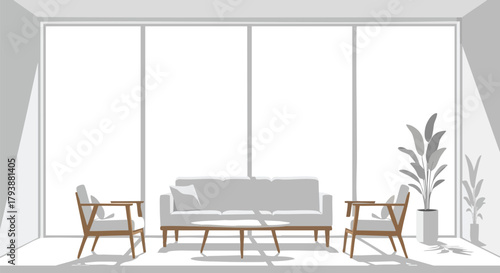 Minimalist interior scene depicting a bright living room with modern furniture and large windows creating an airy and serene atmosphere