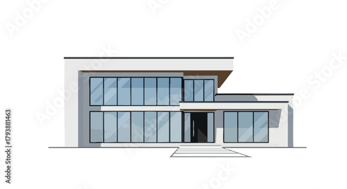 Modern architectural design showcasing a minimalist house with expansive windows and clean lines, radiating modern sophistication