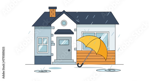 Conceptual illustration of a house protected by an umbrella during rainfall, highlighting safety and security in a minimalist style