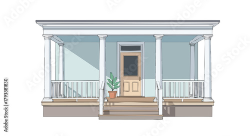 Architectural rendition of an inviting portico with classical columns and a potted plant showcasing home design detail and aesthetic appeal