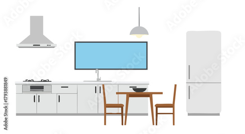 Stylized Kitchen Interior Rendering with Clean Lines and Modern Minimalist Design Aesthetics showcasing simplicity and functionality for