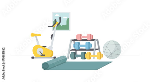 Stylish fitness corner setup: Exercise bike, dumbbells, yoga mat and stability ball creates dynamic workout space