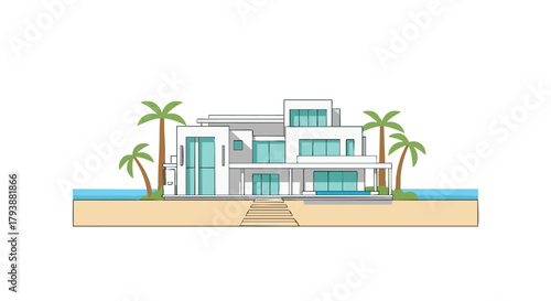 Stylized coastal villa illustration with modernist architecture and tropical palm trees enhancing the serene beachfront setting
