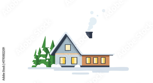 Cozy winter cottage with chimney smoke and snowy trees evokes a sense of peaceful isolation, perfect for holiday greetings and seasonal backgrounds
