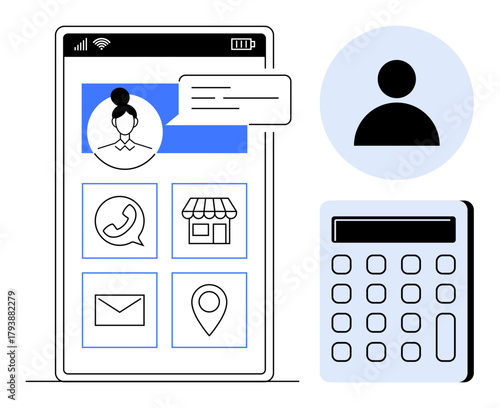 Smartphone screen featuring user profile, messaging icon, app shortcuts phone, store, email, map, basic calculator, and avatar. Ideal for communication business technology contact utility
