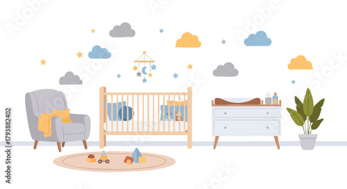 Serene Nursery Interior with Pastel Accents, Providing a Calm and Comforting Environment for a Baby's Room Design Arrangement