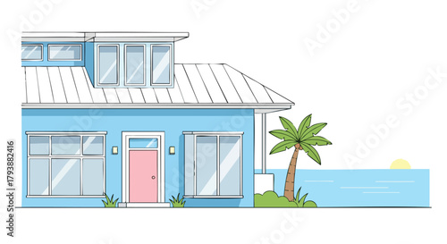 Stylized beachfront house illustration with pastel colors and palm tree against ocean background, a tranquil coastal living scene
