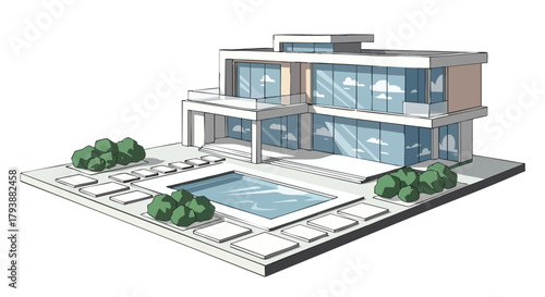 Modern architectural visualization of a luxurious villa featuring a swimming pool and surrounding landscape, designed with clean lines and glass