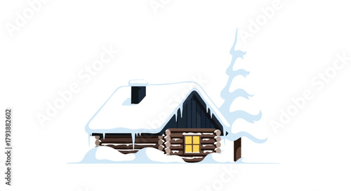 Cozy winter log cabin scene illustration with snowy roof and bright window in isolated pristine nature, an escape to peaceful winter destination