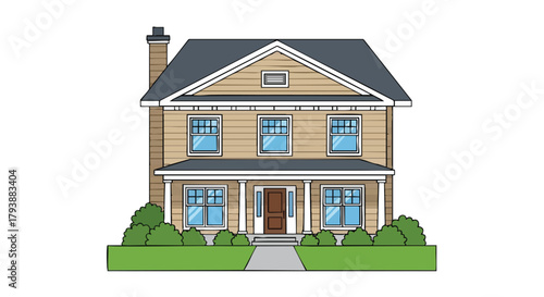 Architectural Drawing of a Classic Two-Story House with Gable Roof and Covered Porch Facade Illustration