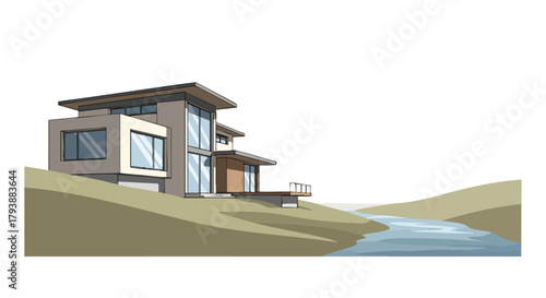 Modern home architecture and serene river confluence creates a calming picturesque illustration of luxurious living amid natural beauty