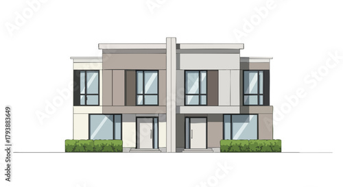 Modern Duplex Architecture Visualization Exhibiting Symmetrical Design and Clean Lines Depiction of Contemporary Suburban Living with Minimalist