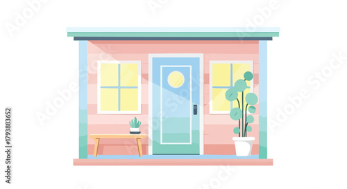 Stylized illustration of a charming home facade featuring pastel color palette and minimalist design, radiating warmth and simplistic beauty for