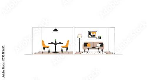 Stylish open plan living space showcasing a dining area and a cozy lounge in a modern home interior design