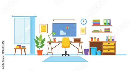 Vibrant home office setup with bright yellow chair and organized workspace showcasing an inspiring environment filled with natural light and