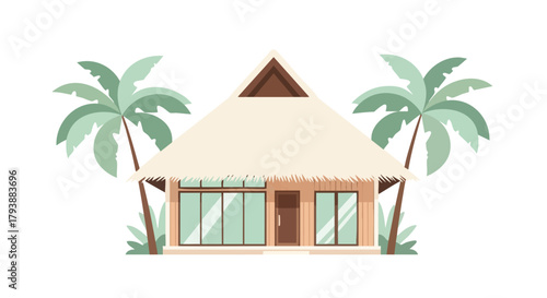 Tropical haven retreat bungalow, serene thatched roof shelter with breezy palm trees scene, relaxing island vacation vector design illustration