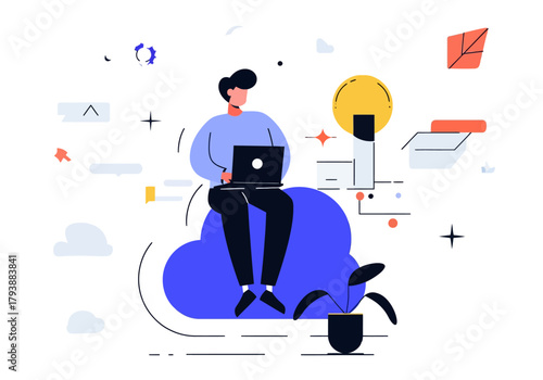 Work from Cloud Man with Laptop Sitting on Cloud Illustration