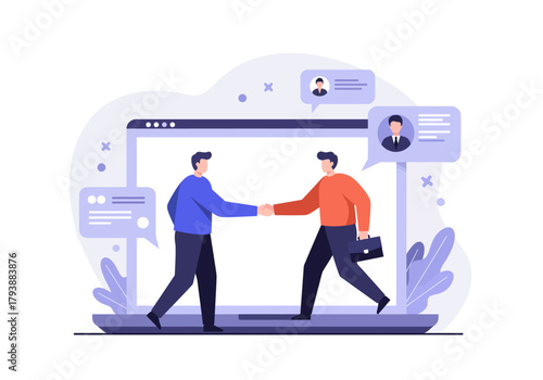 Two business professionals collaborating and shaking hands in front of a large computer screen displaying communication icons and avatars, illustration of partnership and teamwork
