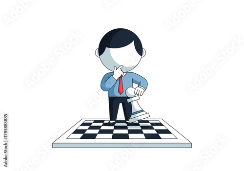 Businessman standing on a chessboard with a thoughtful expression, contemplating strategy and decision-making.