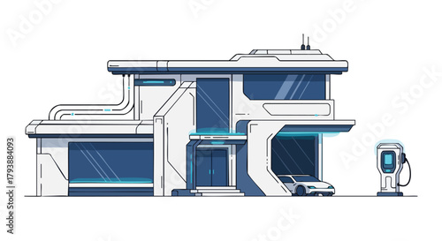 Futuristic home concept art displaying sustainable energy and innovative architectural design, with electric vehicle charging station and modern