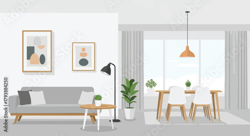 Serene interior design: a harmonious blend of modern living room and dining space with minimalist art