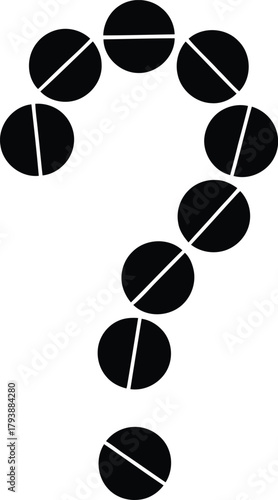 Question mark formed by black pills on a white background