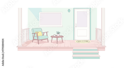 Pastel Porch Serenity: A Cozy Outdoor Living Space with Welcome Mat and Armchair Relaxation