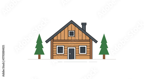 Stylized Illustration of a Cozy Log Cabin Retreat Nestled Amongst Evergreen Trees in a Serene Winter Landscape