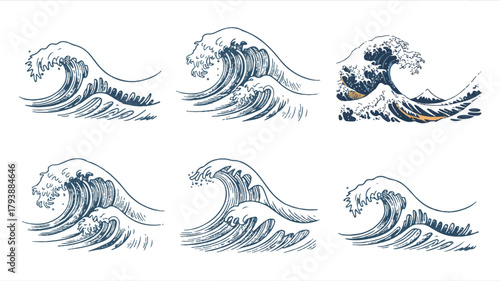 Six different sketches of ocean waves, each with unique shapes and sizes, , showcasing the beauty and power of the sea