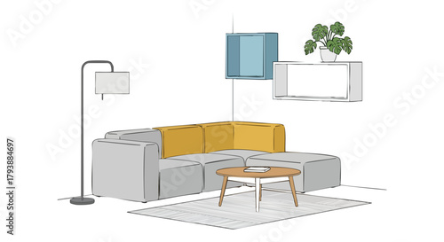 Interior Illustration of Modern Living Room with Sectional Sofa, Lighting, and Plant Minimalist Aesthetic