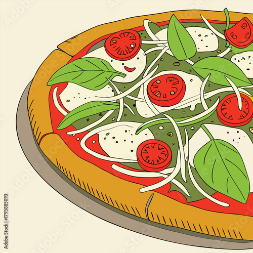 Classic Italian Pizza Illustration with Fresh Basil and Tomatoes with vector illustration