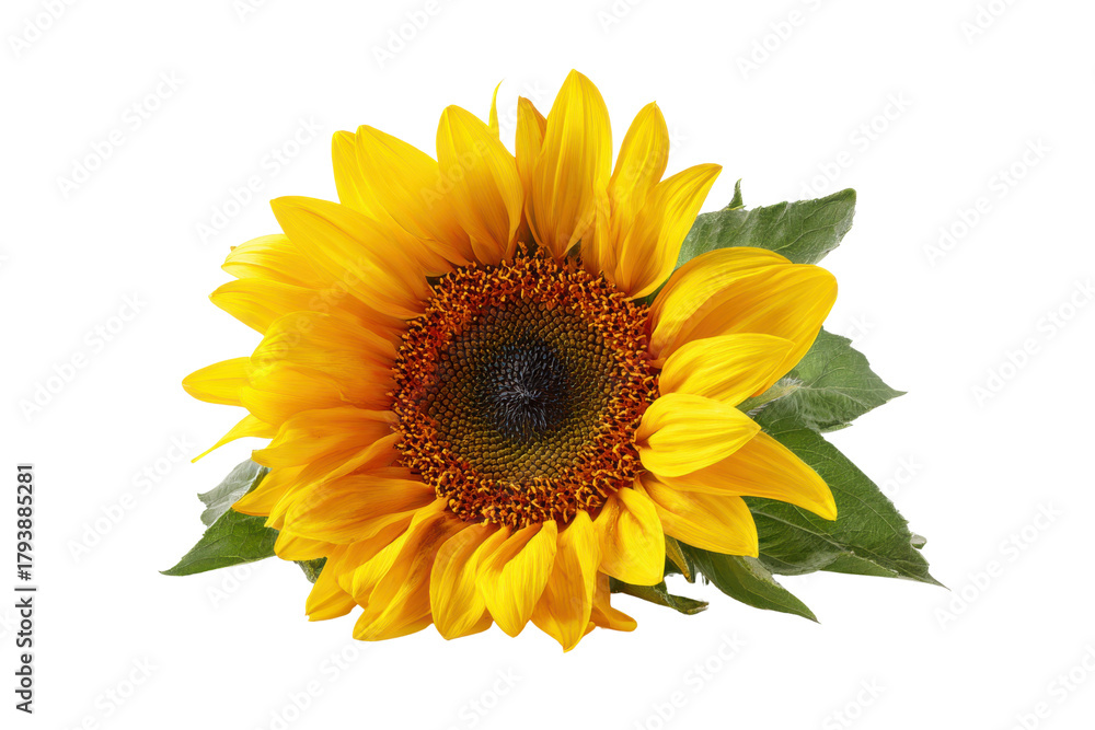 Fototapeta premium Bright yellow sunflower with dark center and green leaves on black background bloom blossom, Isolated On Transparent Background, Png Cut Out