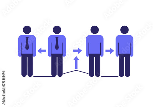 Four businessmen in a row with arrows indicating leadership and communication in a professional setting