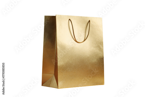 Single golden gift bag with cord handle against black background metallic, Isolated On Transparent Background, Png Cut Out